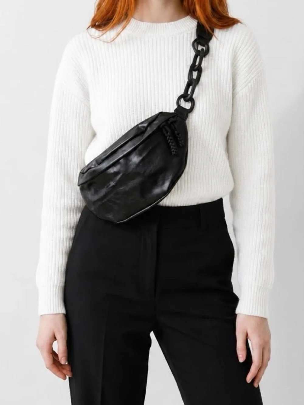 Women's Black Leather Crossbody Belt Bag with Chain Strap